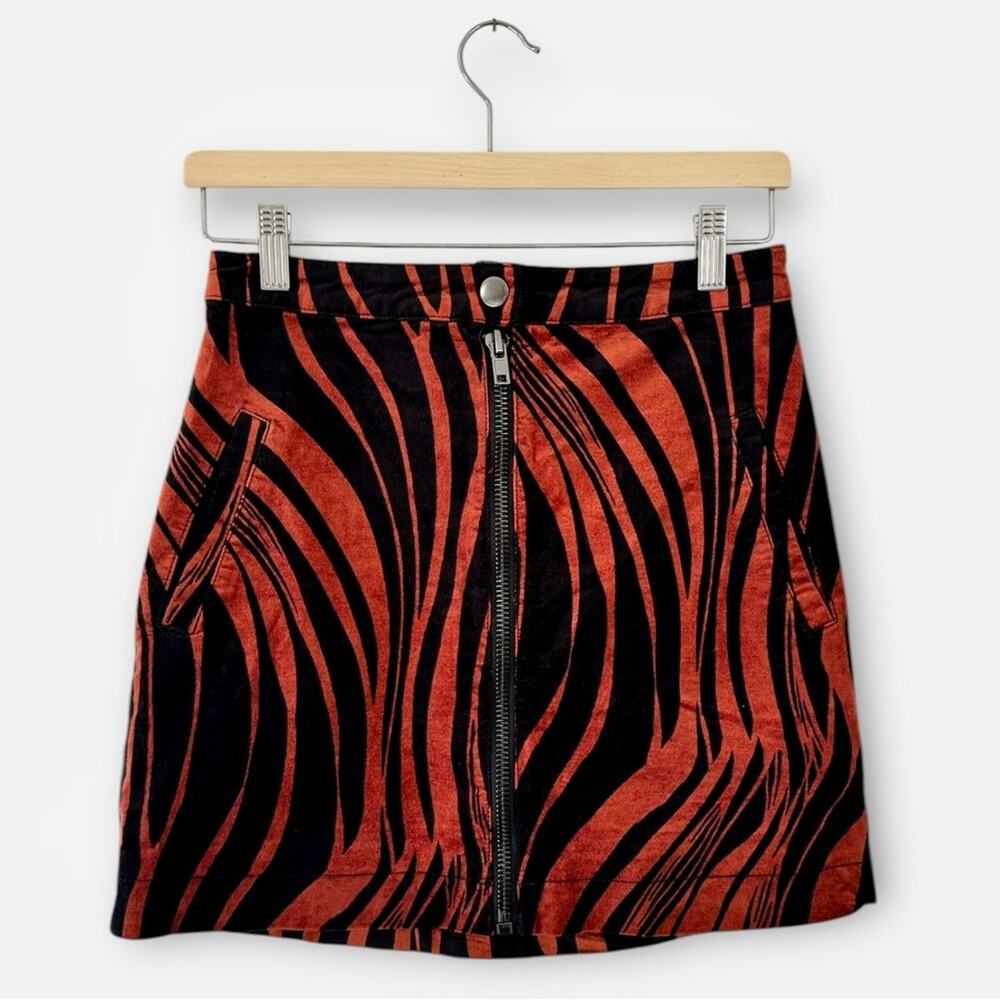 Free People Be a Babe Tiger Print Orange Rust and Black Velvet Mini Skirt 4